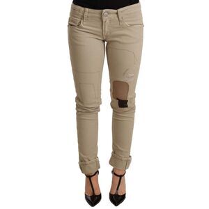 Acht Beige Denim Cotton Bottom Slim Fit Folded Women's Pant